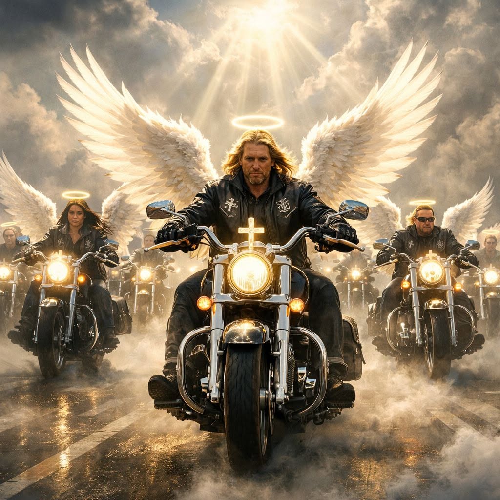 A group of motorcyclists rides beneath bright clouds, their bikes framed by angel wings