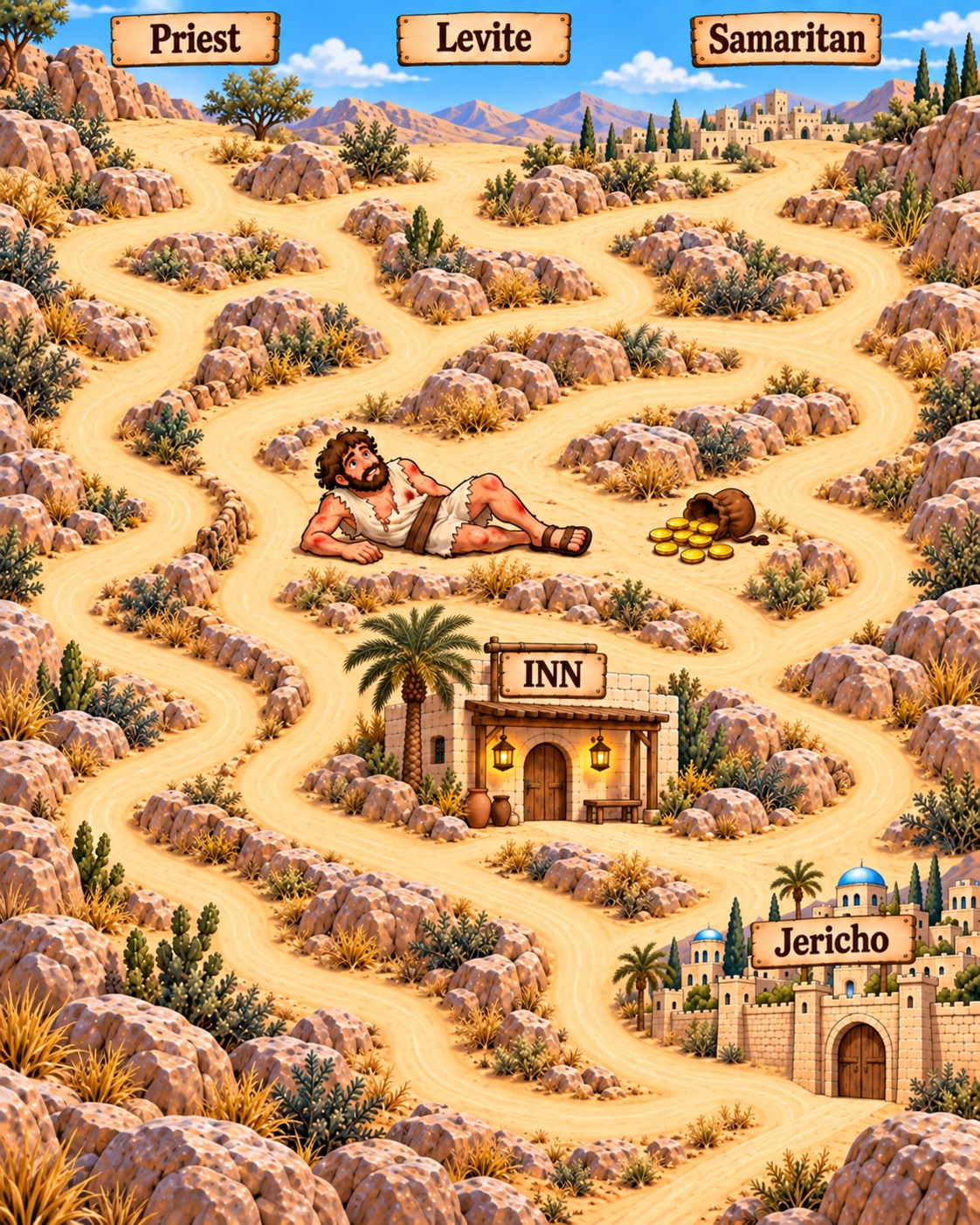 An illustrated rocky desert maze leading past an injured traveler to an inn and the city of Jericho.